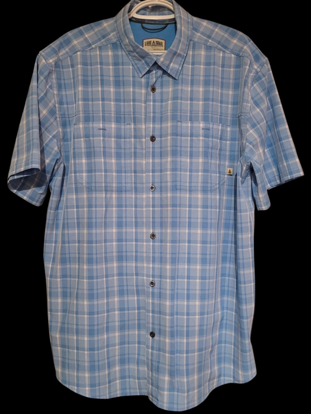 Lake Trail Fishing Outdoor Short Sleeve Button Front Shirt Blue Plaid Mens Large
